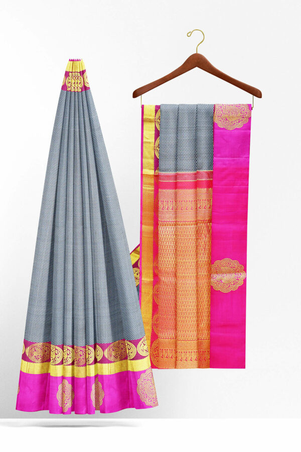 sri kumaran stores kanchipuram silk saree grey saree with golden pink border 3