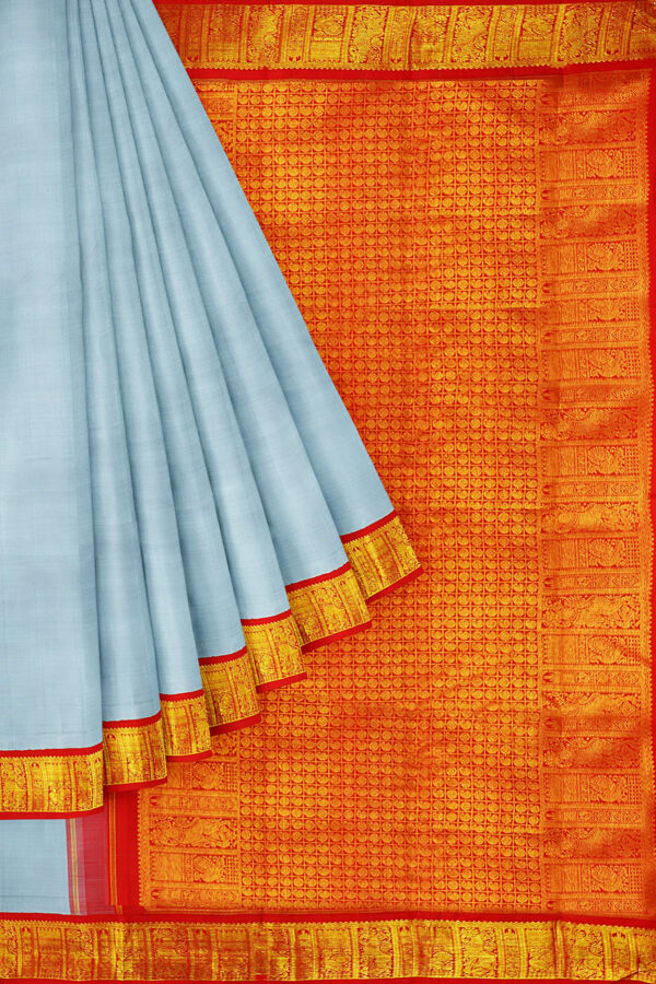 sri kumaran stores kanchipuram silk saree grey saree with golden red border 1