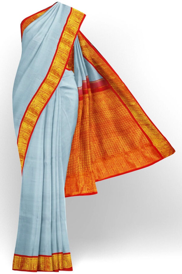 sri kumaran stores kanchipuram silk saree grey saree with golden red border 2