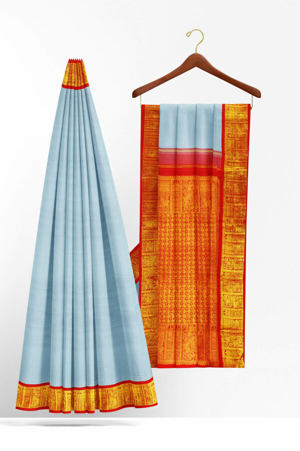 sri kumaran stores kanchipuram silk saree grey saree with golden red border 3