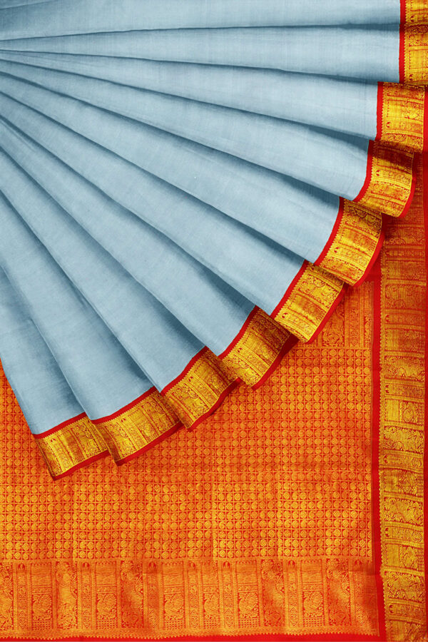sri kumaran stores kanchipuram silk saree grey saree with golden red border 4