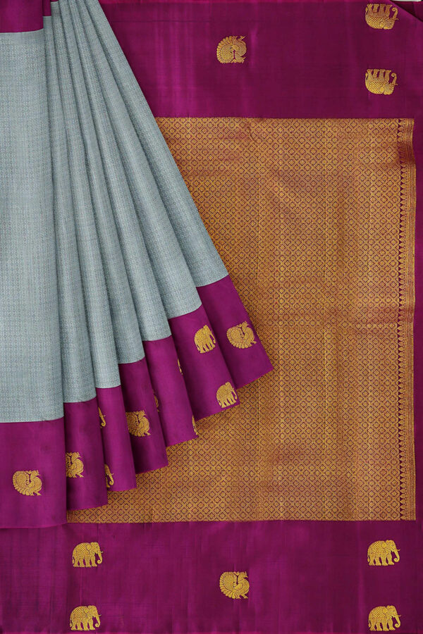 sri kumaran stores kanchipuram silk saree grey saree with purple border 1