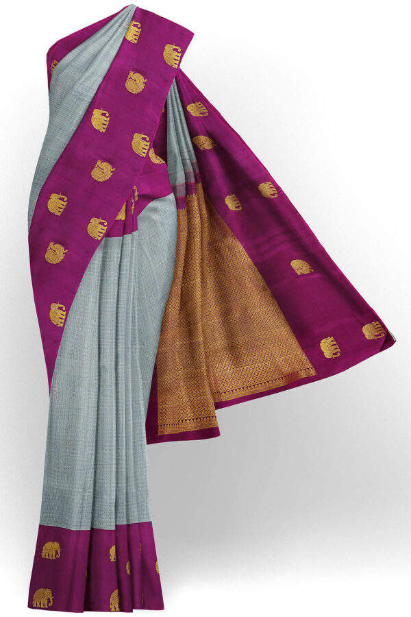 sri kumaran stores kanchipuram silk saree grey saree with purple border 2