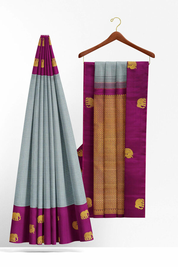 sri kumaran stores kanchipuram silk saree grey saree with purple border 3