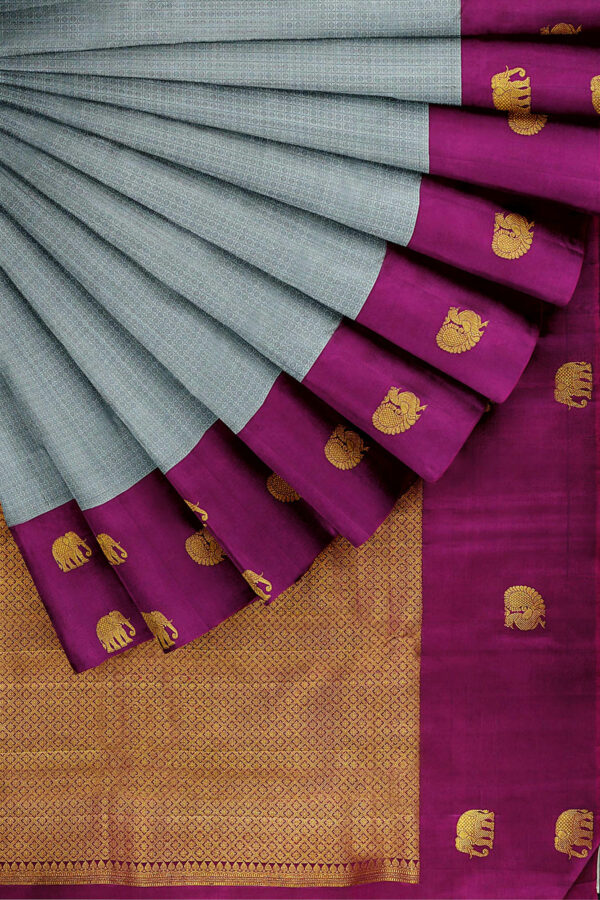 sri kumaran stores kanchipuram silk saree grey saree with purple border 4