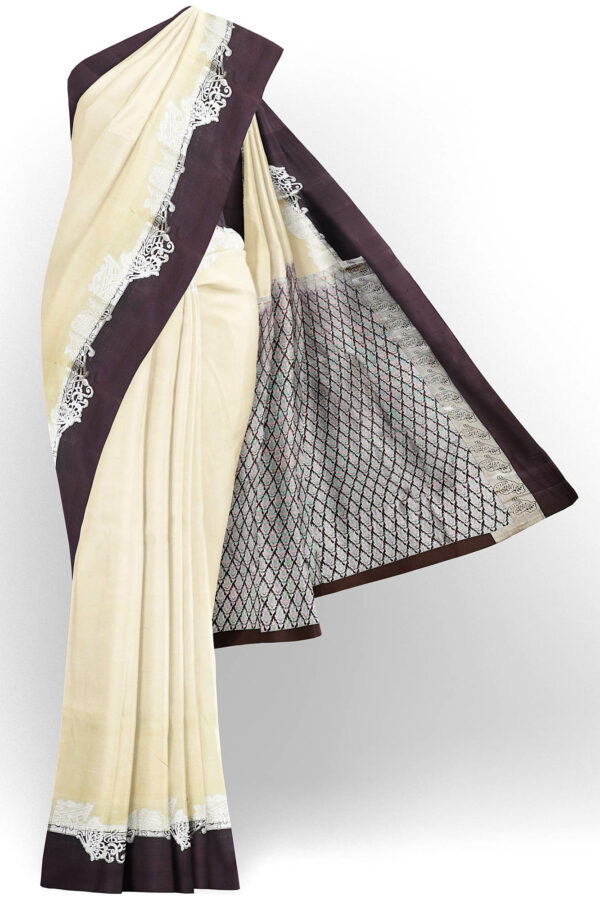 sri kumaran stores kanchipuram silk saree half white saree with brown border 2