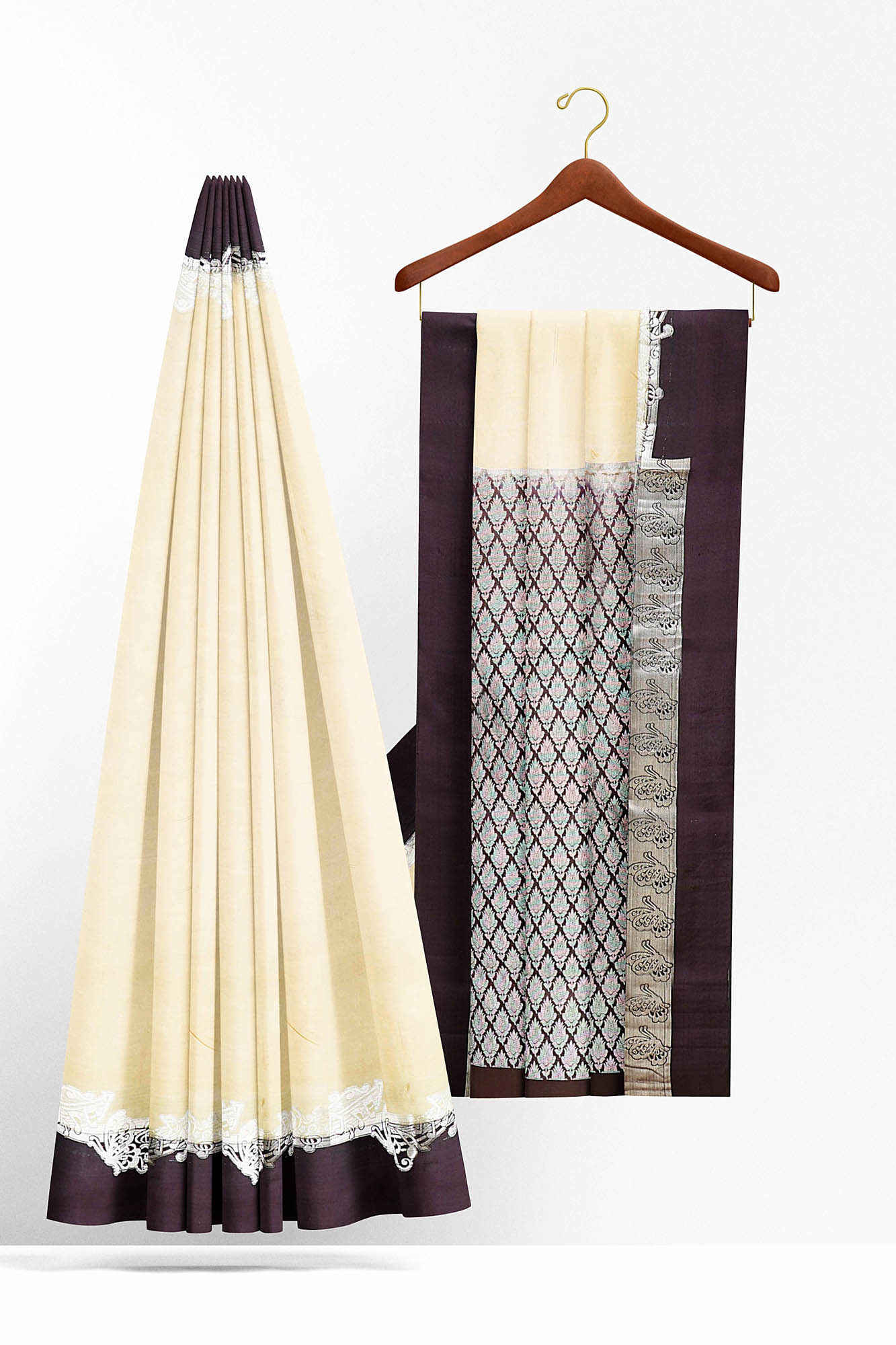 sri kumaran stores kanchipuram silk saree half white saree with brown border 3