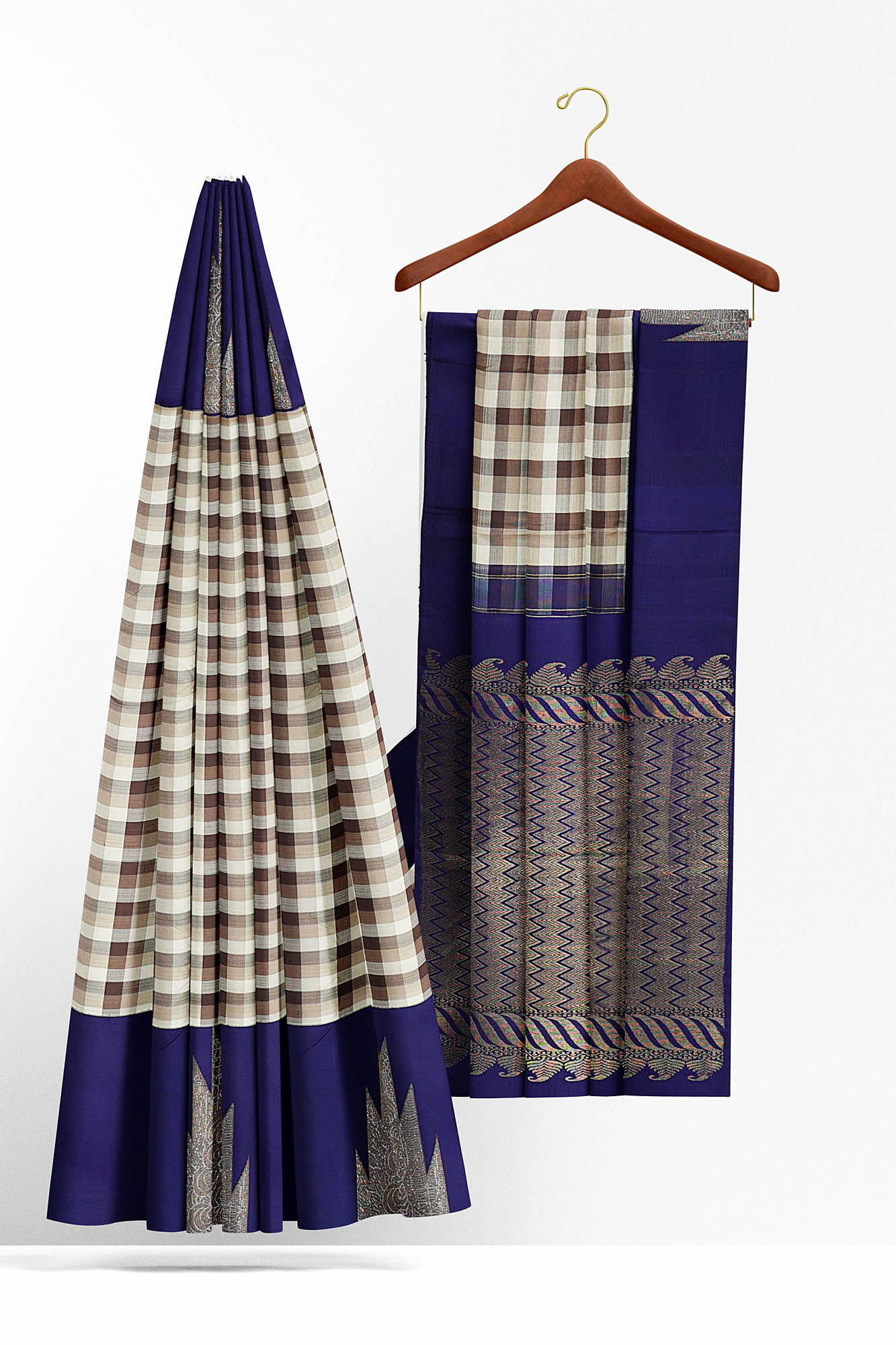 sri kumaran stores kanchipuram silk saree half white saree with dark blue border 3