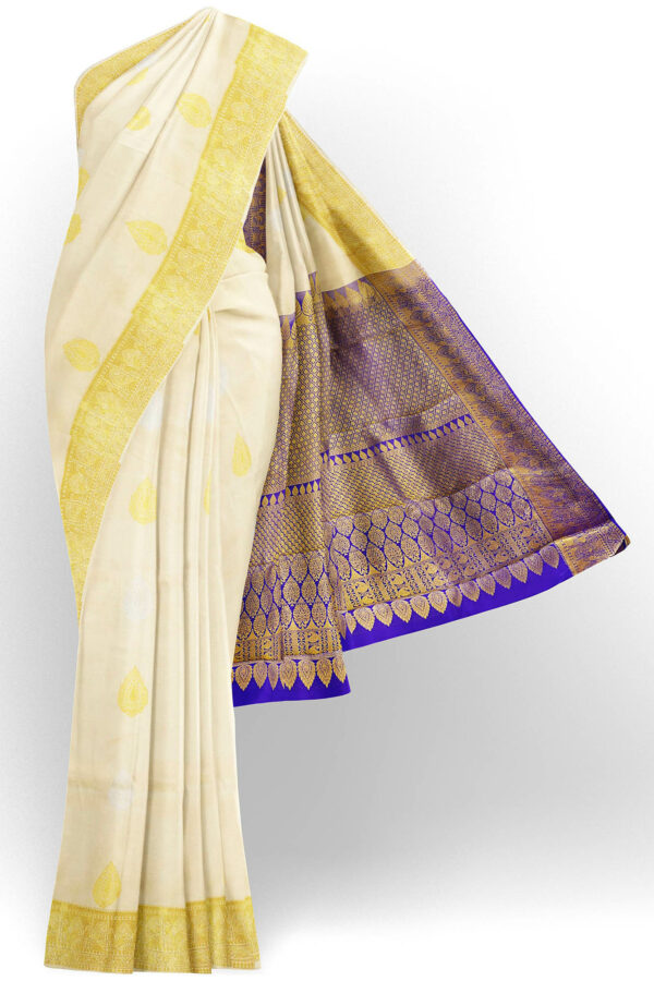 sri kumaran stores kanchipuram silk saree half white saree with golden border 2