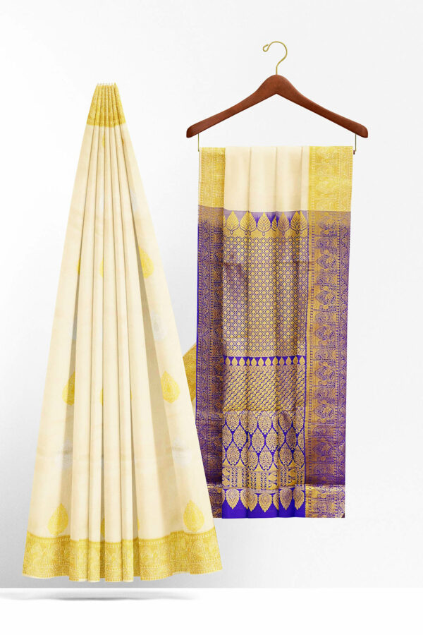 sri kumaran stores kanchipuram silk saree half white saree with golden border 3