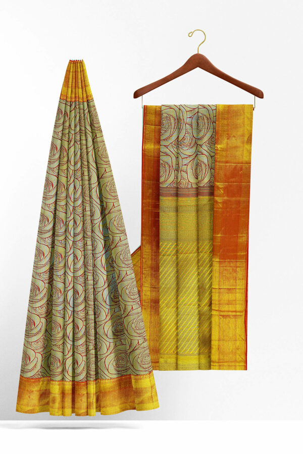 sri kumaran stores kanchipuram silk saree half white saree with golden red border 3