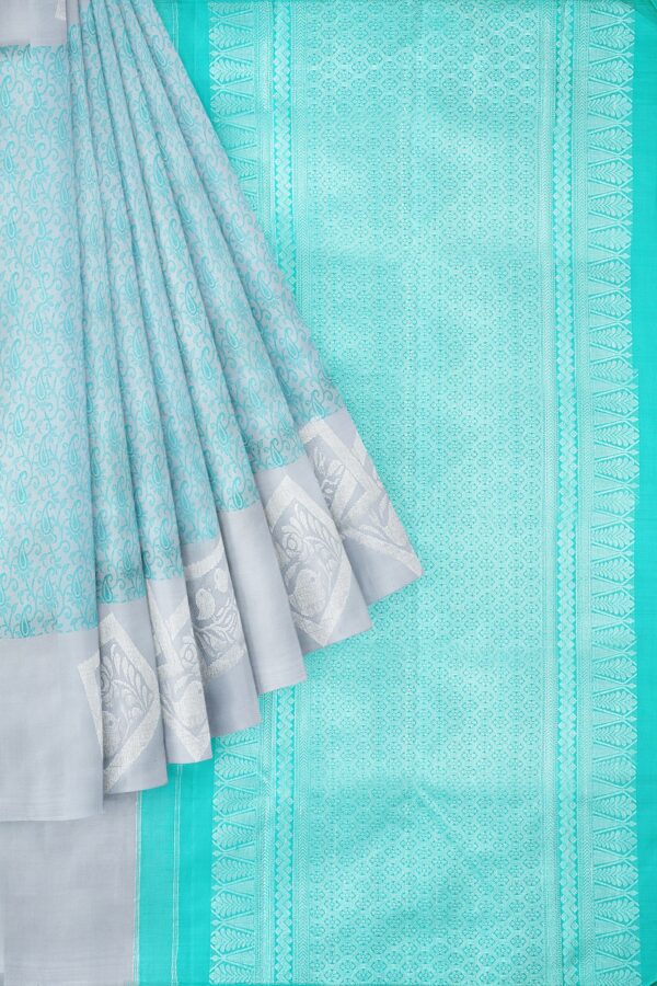 sri kumaran stores kanchipuram silk saree light blue saree with silver colour border 1