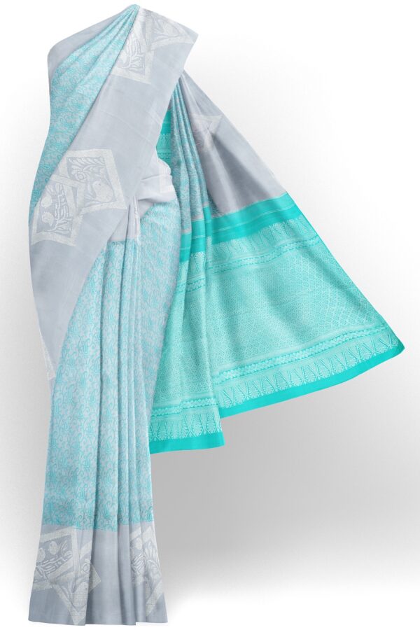 sri kumaran stores kanchipuram silk saree light blue saree with silver colour border 2
