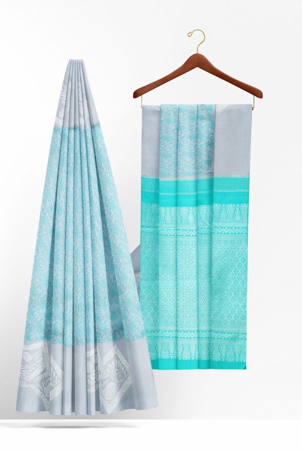 sri kumaran stores kanchipuram silk saree light blue saree with silver colour border 3