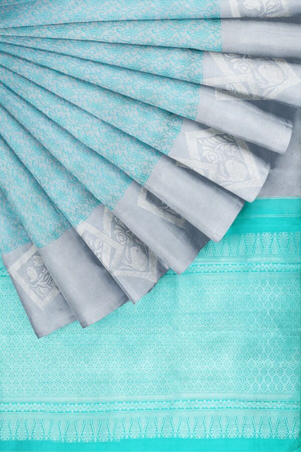 sri kumaran stores kanchipuram silk saree light blue saree with silver colour border 4