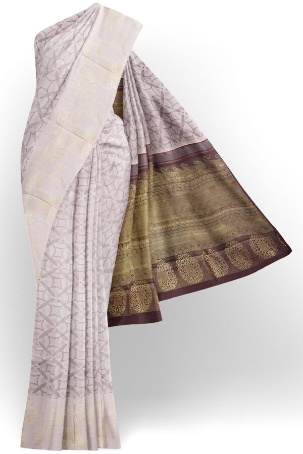 sri kumaran stores kanchipuram silk saree light brown saree with white border 2