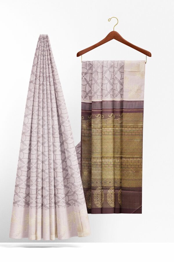sri kumaran stores kanchipuram silk saree light brown saree with white border 3