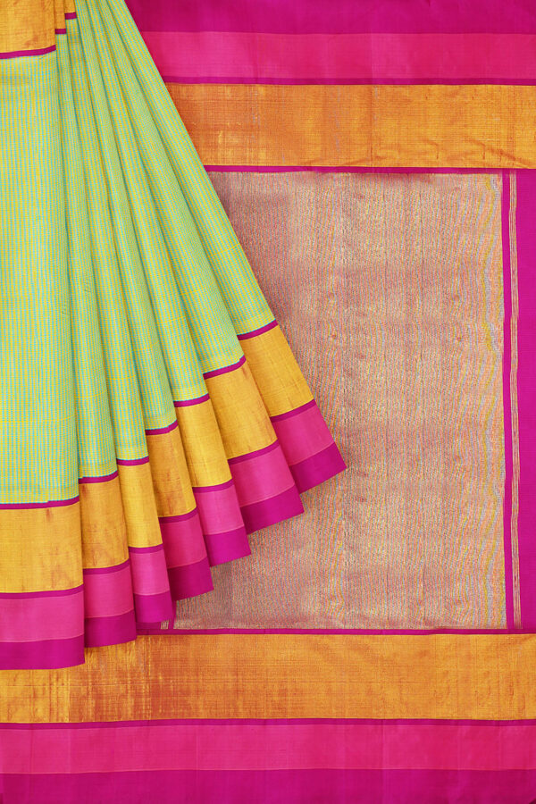 sri kumaran stores kanchipuram silk saree light green saree with golden pink border 1