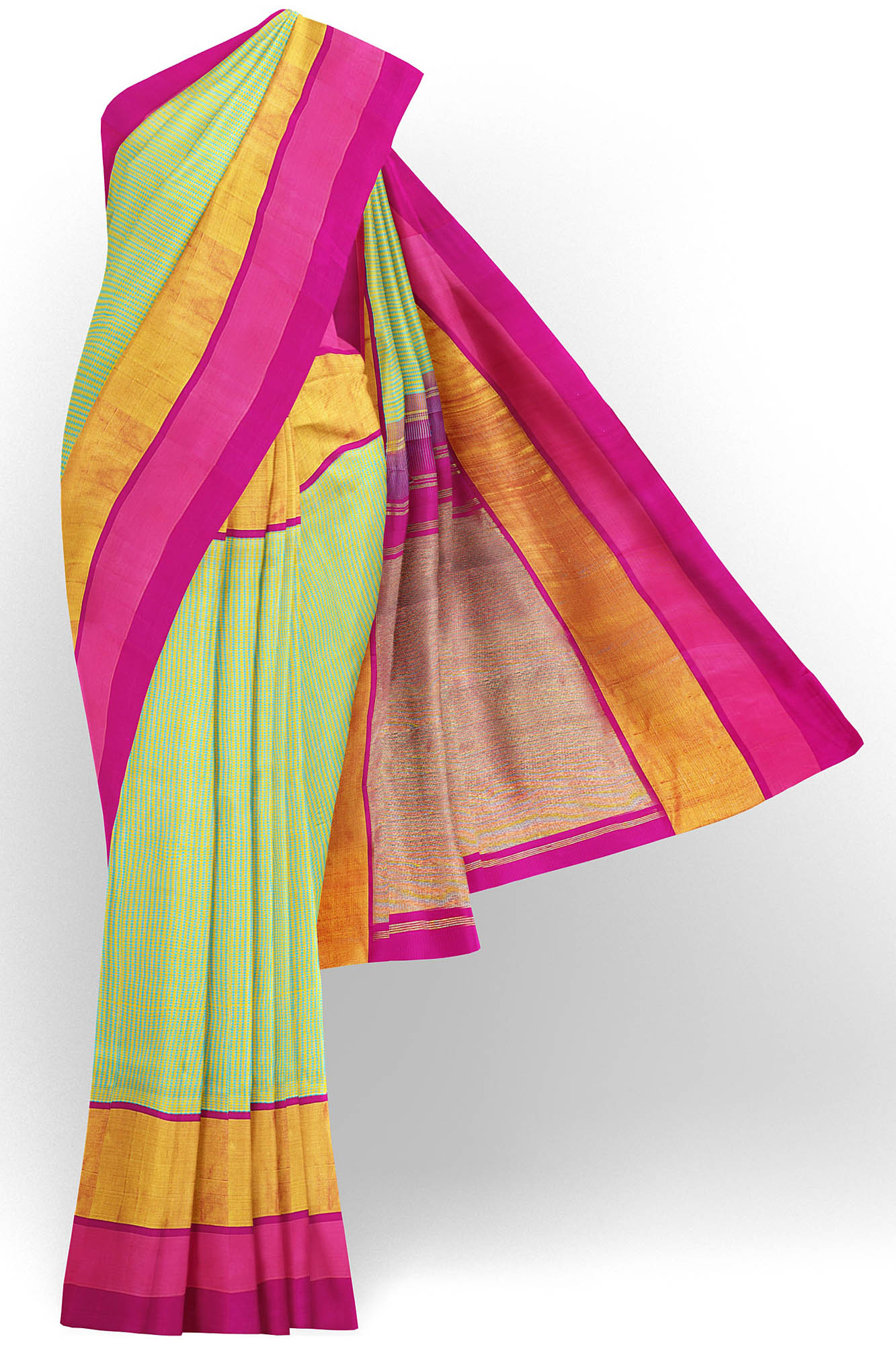 sri kumaran stores kanchipuram silk saree light green saree with golden pink border 2