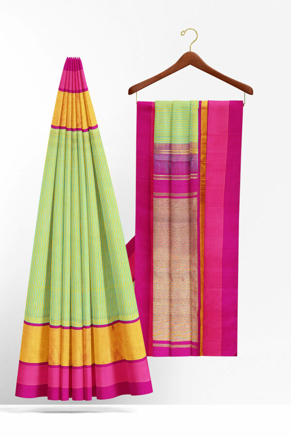 sri kumaran stores kanchipuram silk saree light green saree with golden pink border 3