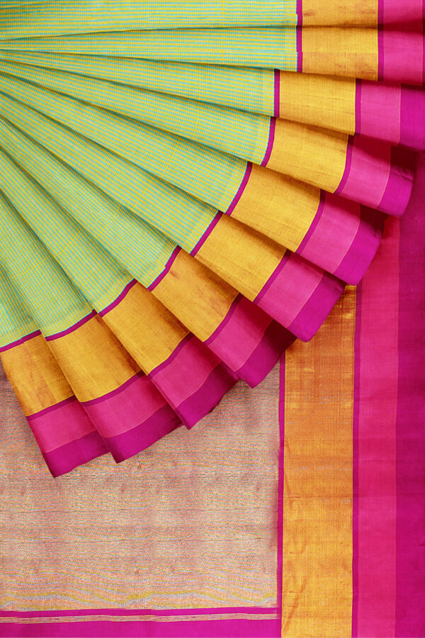sri kumaran stores kanchipuram silk saree light green saree with golden pink border 4
