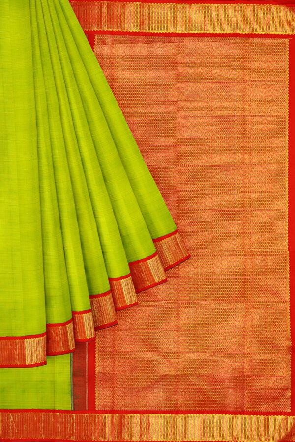 sri kumaran stores kanchipuram silk saree light green saree with golden red border 1