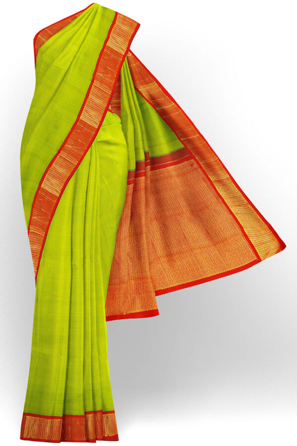 sri kumaran stores kanchipuram silk saree light green saree with golden red border 2