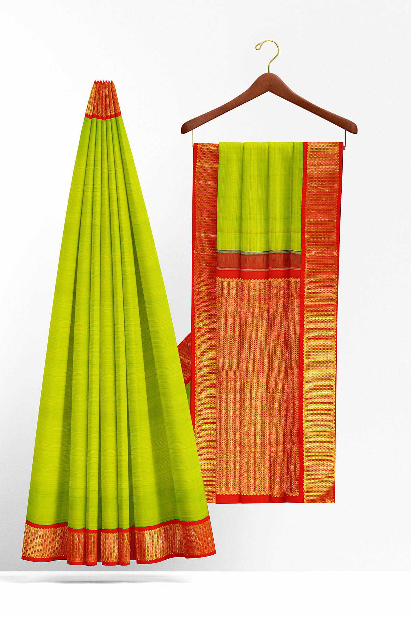 sri kumaran stores kanchipuram silk saree light green saree with golden red border 3