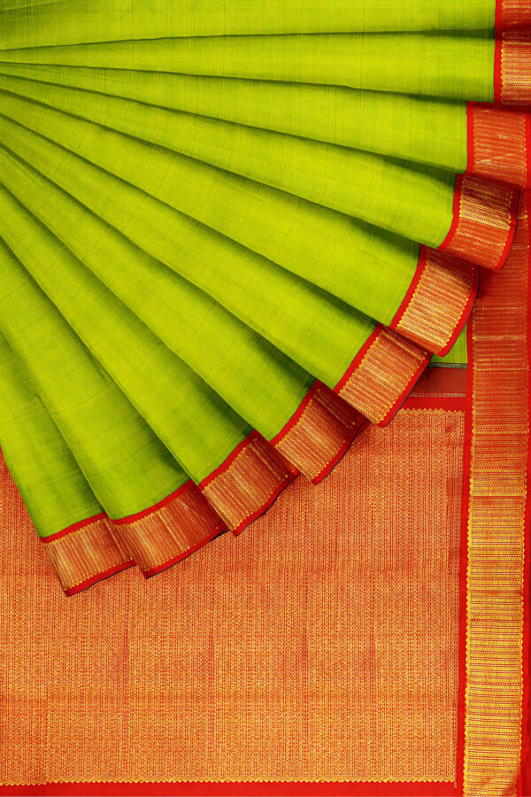 sri kumaran stores kanchipuram silk saree light green saree with golden red border 4