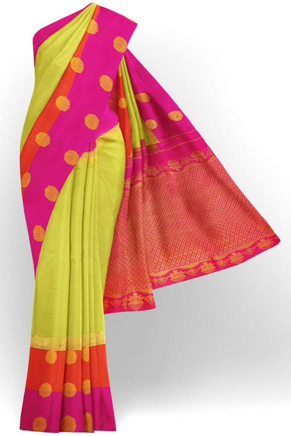 sri kumaran stores kanchipuram silk saree light green saree with pink orange border 2