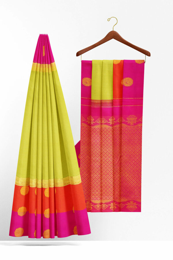 sri kumaran stores kanchipuram silk saree light green saree with pink orange border 3