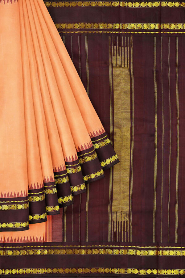 sri kumaran stores kanchipuram silk saree light orange saree with golden brown border 1