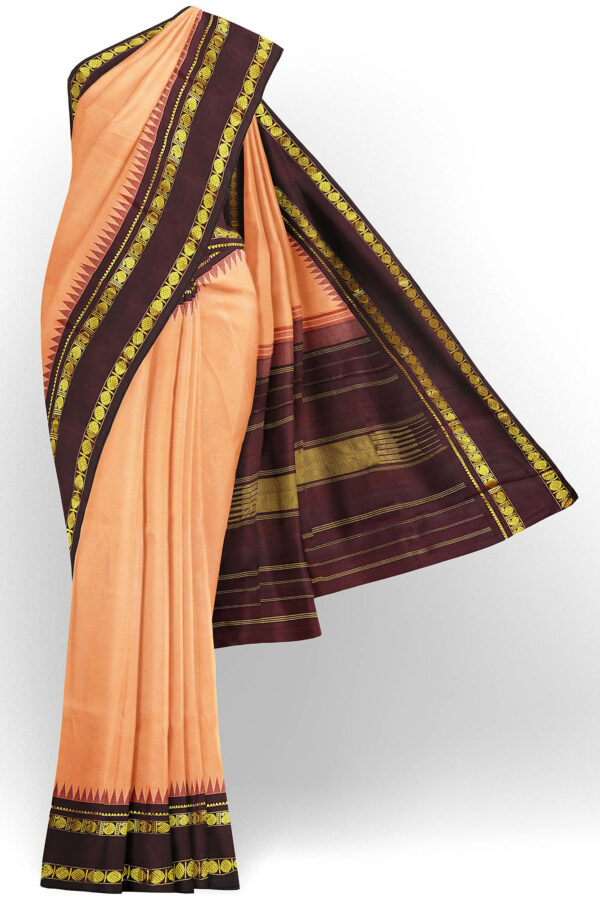 sri kumaran stores kanchipuram silk saree light orange saree with golden brown border 2