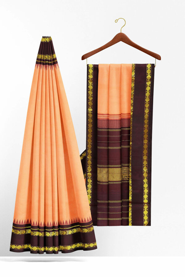 sri kumaran stores kanchipuram silk saree light orange saree with golden brown border 3