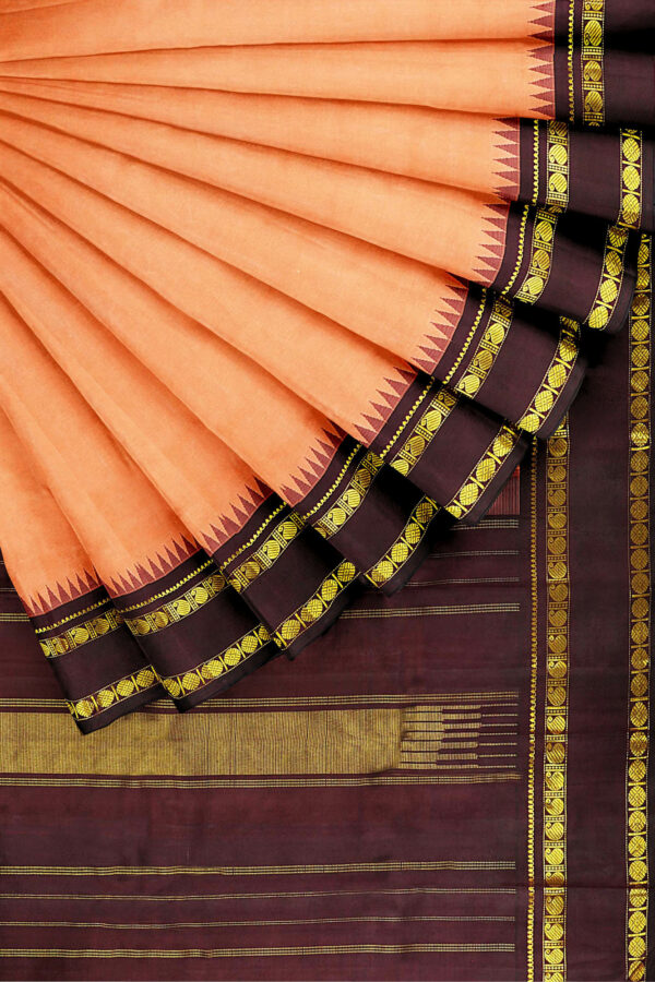 sri kumaran stores kanchipuram silk saree light orange saree with golden brown border 4