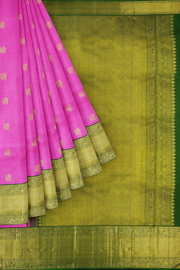 sri kumaran stores kanchipuram silk saree light pink saree with golden green border 1