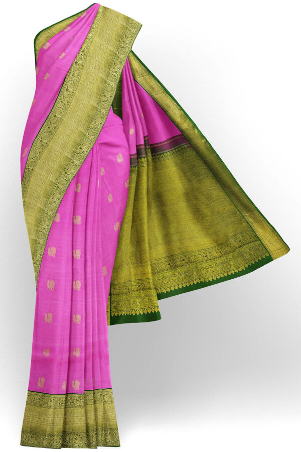 sri kumaran stores kanchipuram silk saree light pink saree with golden green border 2