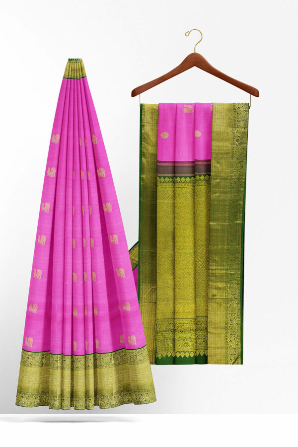 sri kumaran stores kanchipuram silk saree light pink saree with golden green border 3