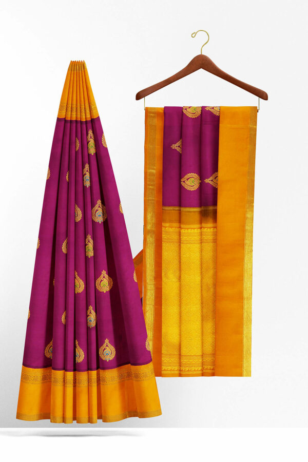 sri kumaran stores kanchipuram silk saree maroon saree with golden yellow border 3