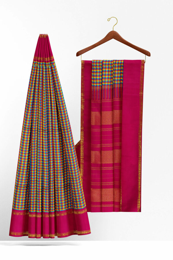sri kumaran stores kanchipuram silk saree multicolour saree with golden pink border 3