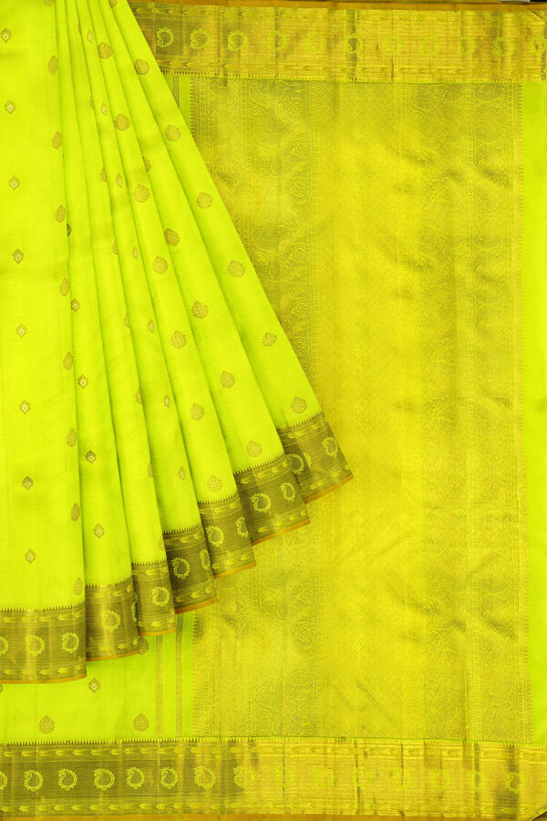 sri kumaran stores kanchipuram silk saree neon yellow saree with golden yellow border 1