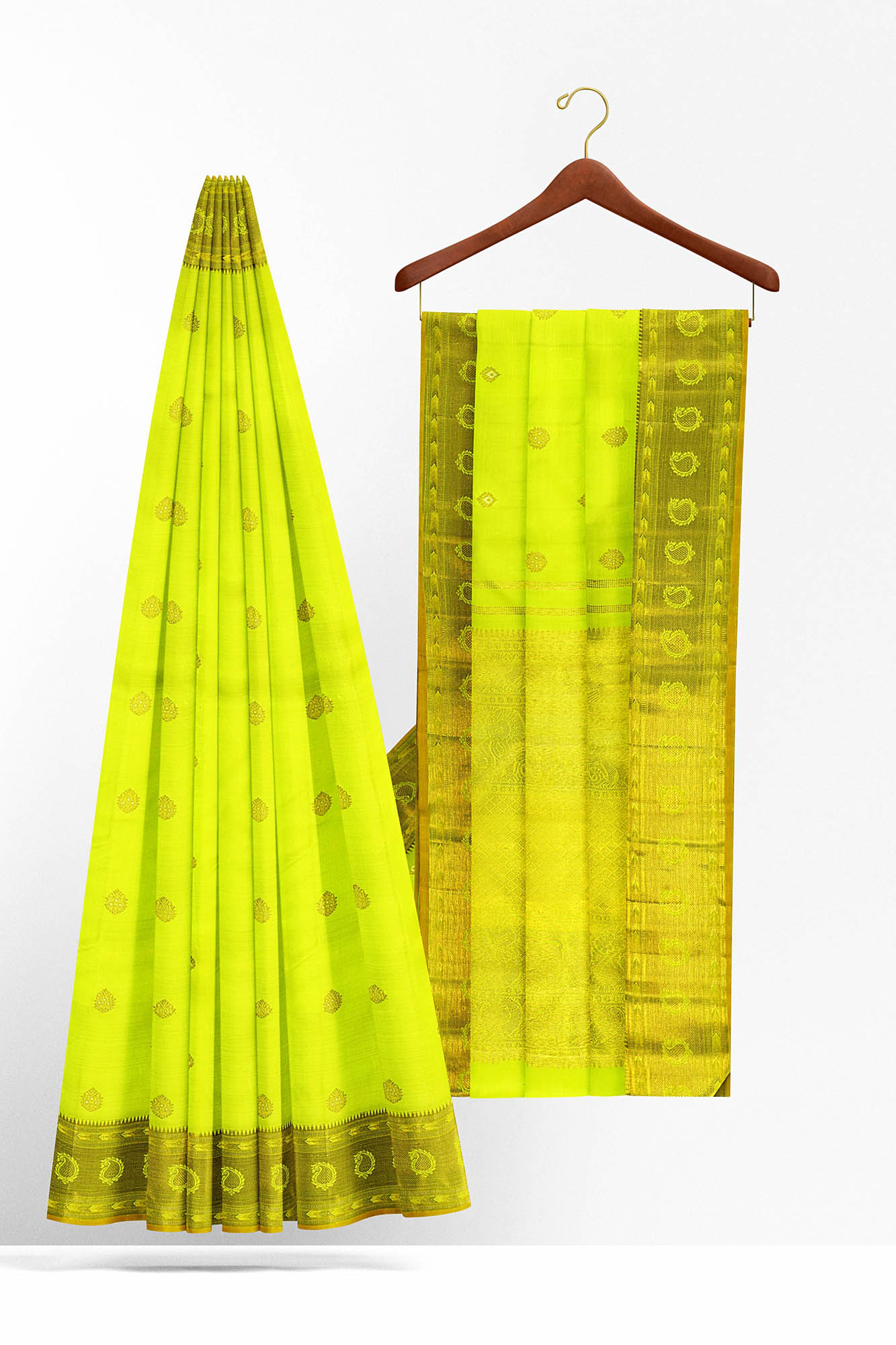 sri kumaran stores kanchipuram silk saree neon yellow saree with golden yellow border 3