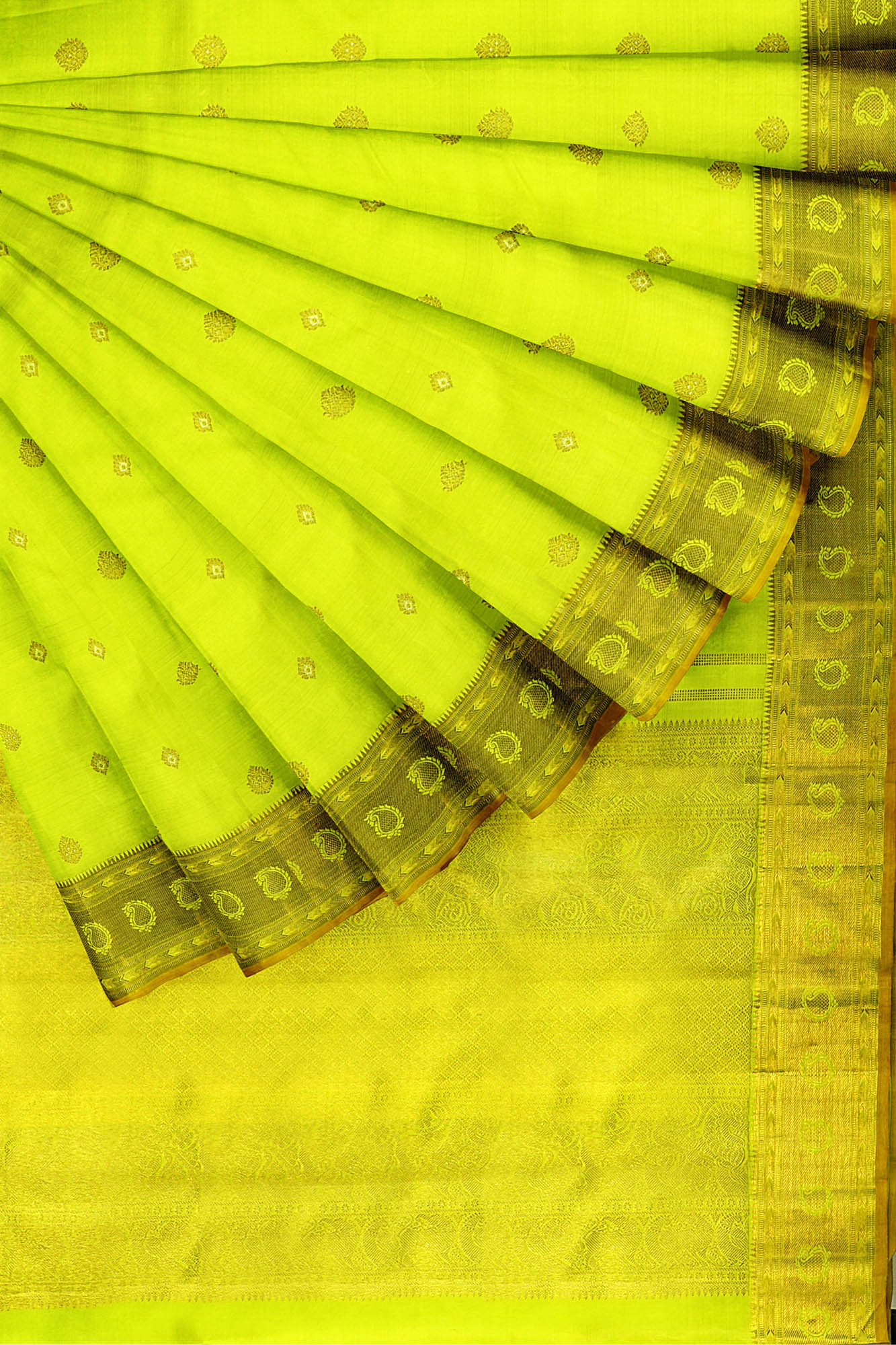 sri kumaran stores kanchipuram silk saree neon yellow saree with golden yellow border 4
