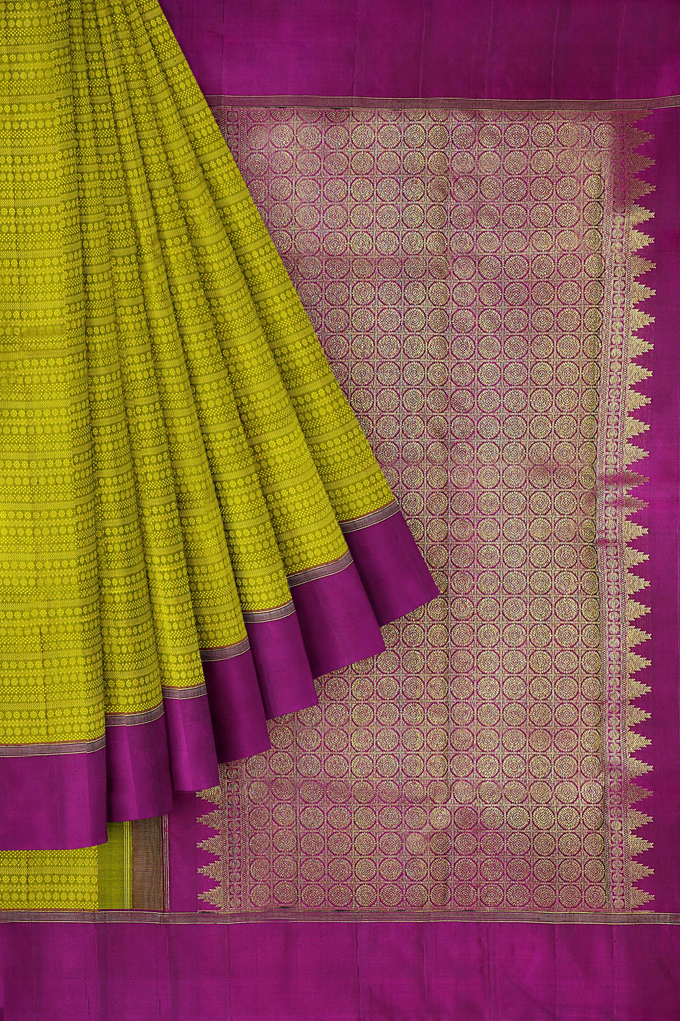 sri kumaran stores kanchipuram silk saree olive green saree with purple border 1