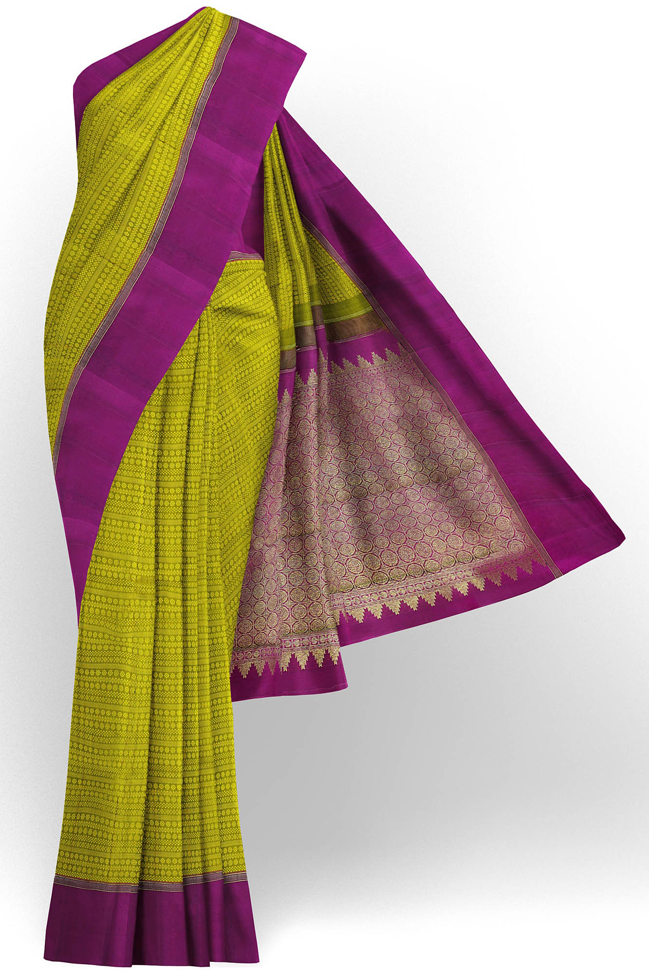 sri kumaran stores kanchipuram silk saree olive green saree with purple border 2