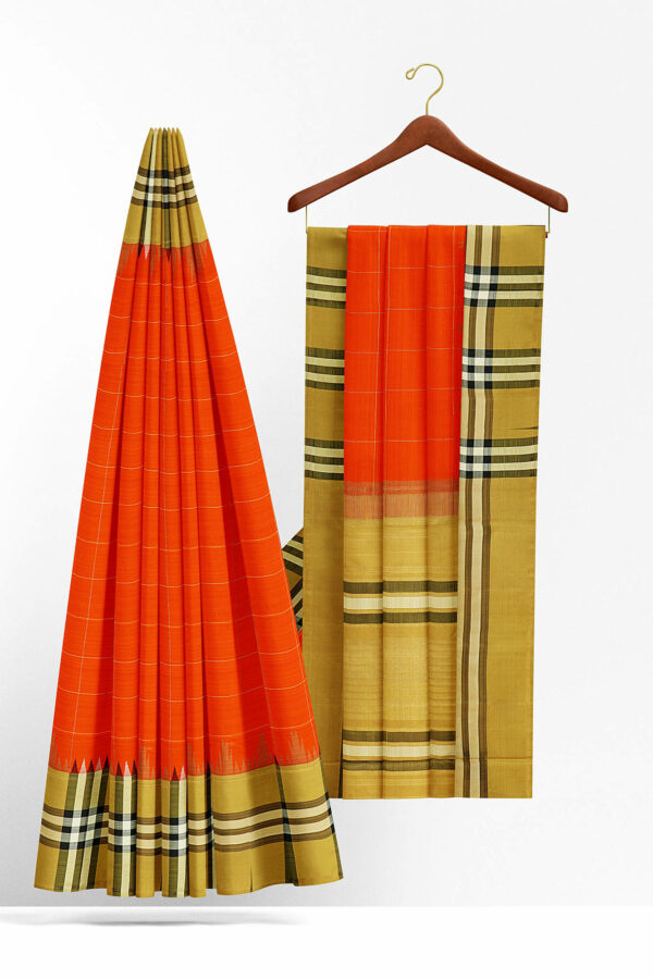 sri kumaran stores kanchipuram silk saree orange saree with dark yellow border 3