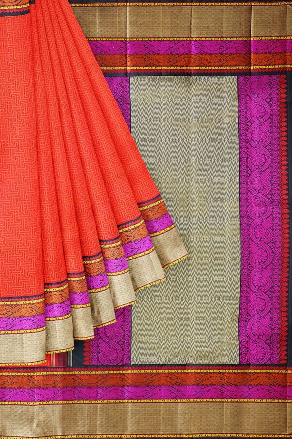 sri kumaran stores kanchipuram silk saree orange saree with golden pink border 1