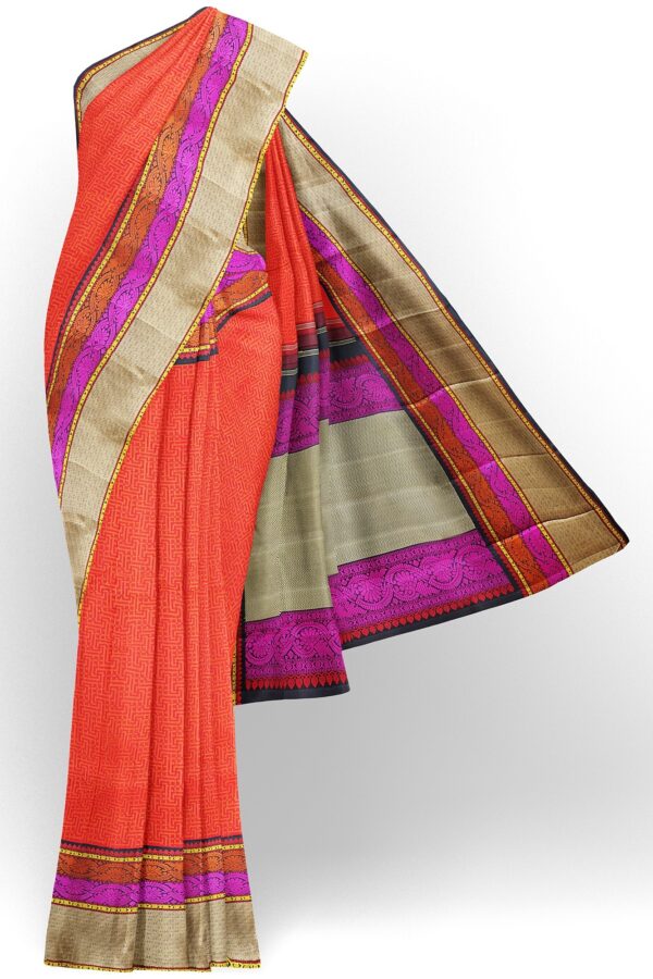 sri kumaran stores kanchipuram silk saree orange saree with golden pink border 2