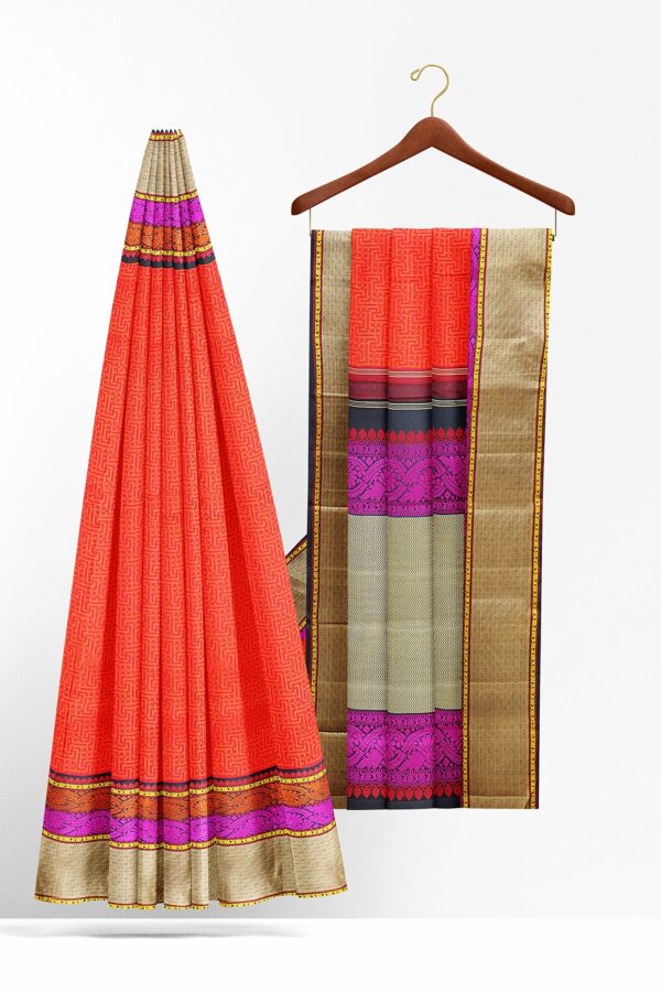 sri kumaran stores kanchipuram silk saree orange saree with golden pink border 3