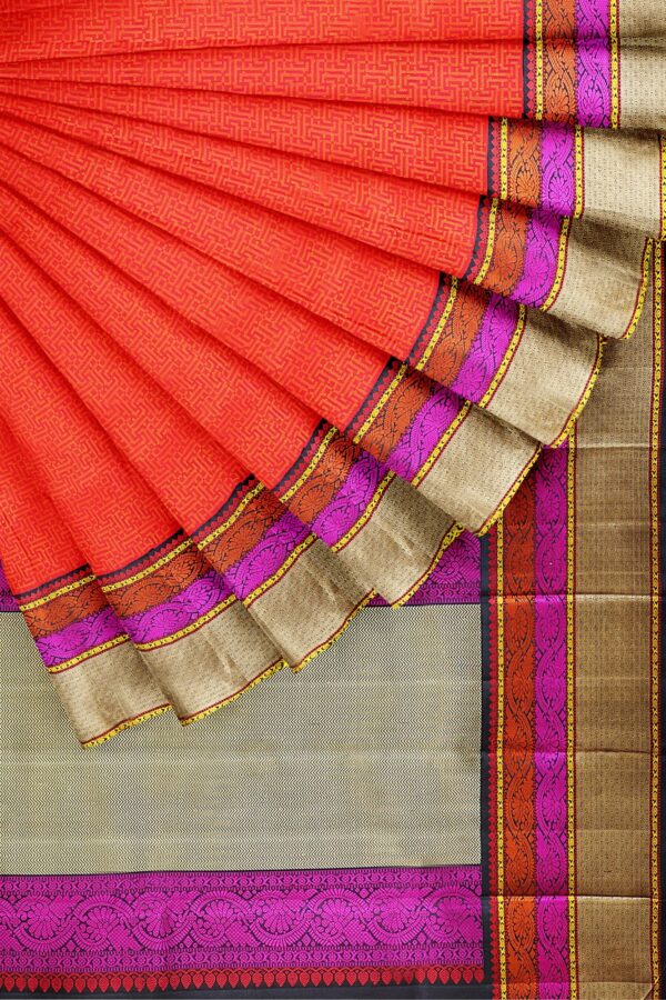 sri kumaran stores kanchipuram silk saree orange saree with golden pink border 4